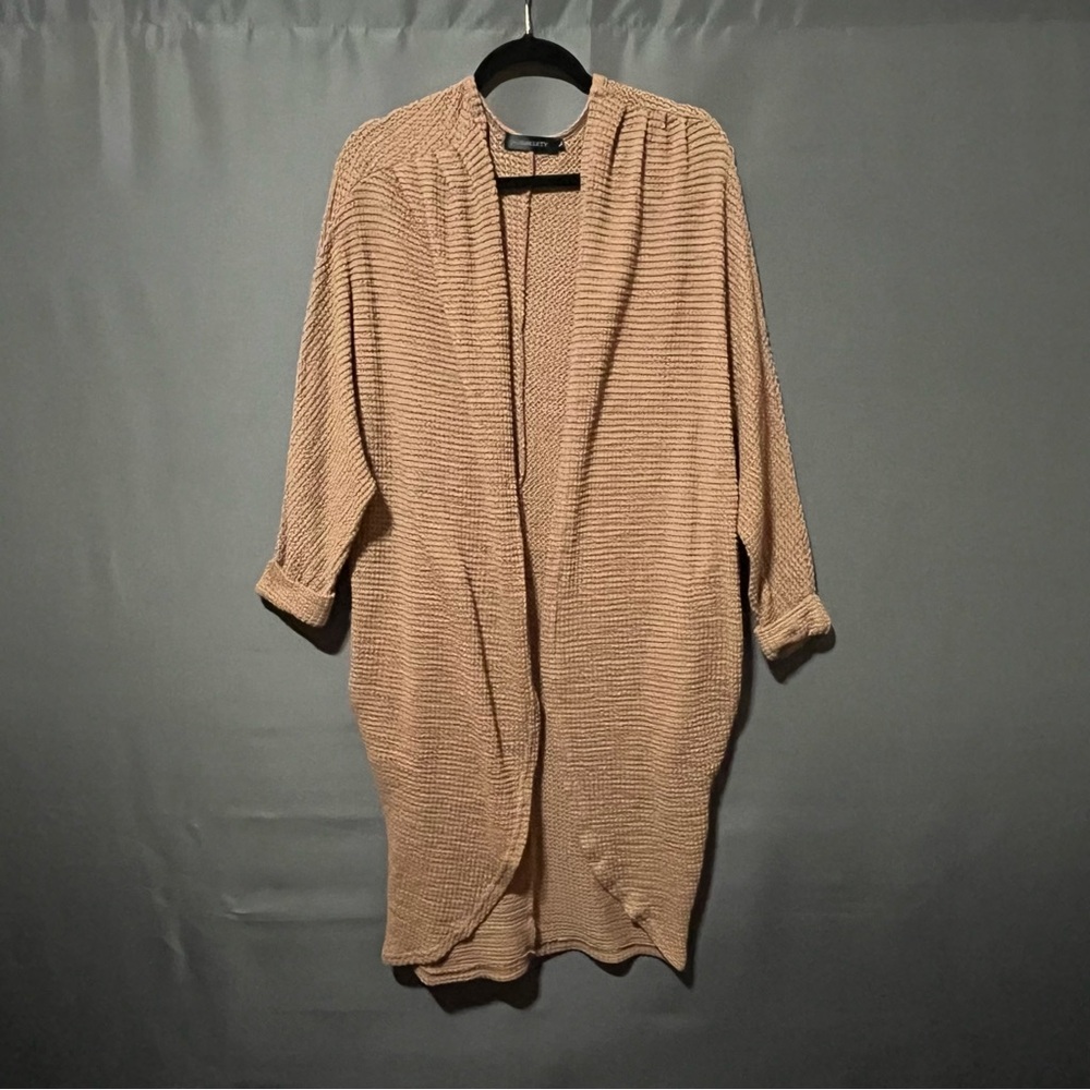 MEROKEETY Women's Tan Waffle Knit Long Cardigan Sweater Pockets Size Large Boho